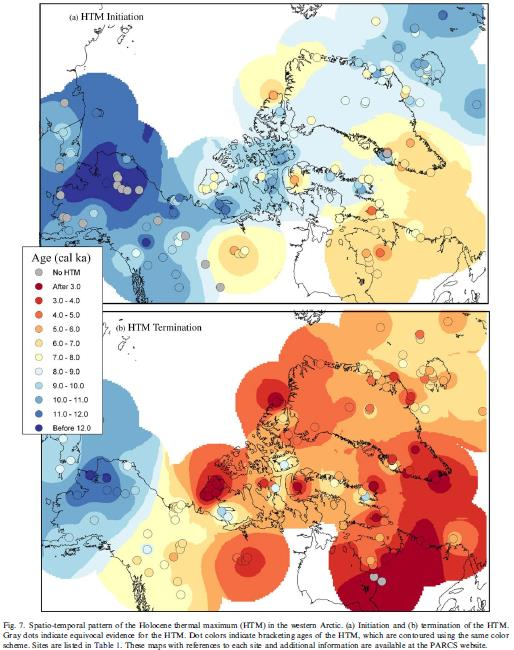 Regionální klimatický vývoj holocénu: Severní Amerika - začátek (nahoře) a konec (dole) teplotního maxima holocénu v severní části Severní