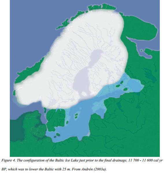 Regionální klimatický vývoj holocénu: deglaciace Evropy Baltické ledovcové jezero (Baltic Ice Lake) - sladkovodní jezero hrazené ledovcem s hladinou vyšší než byla hladina moře - po protržení