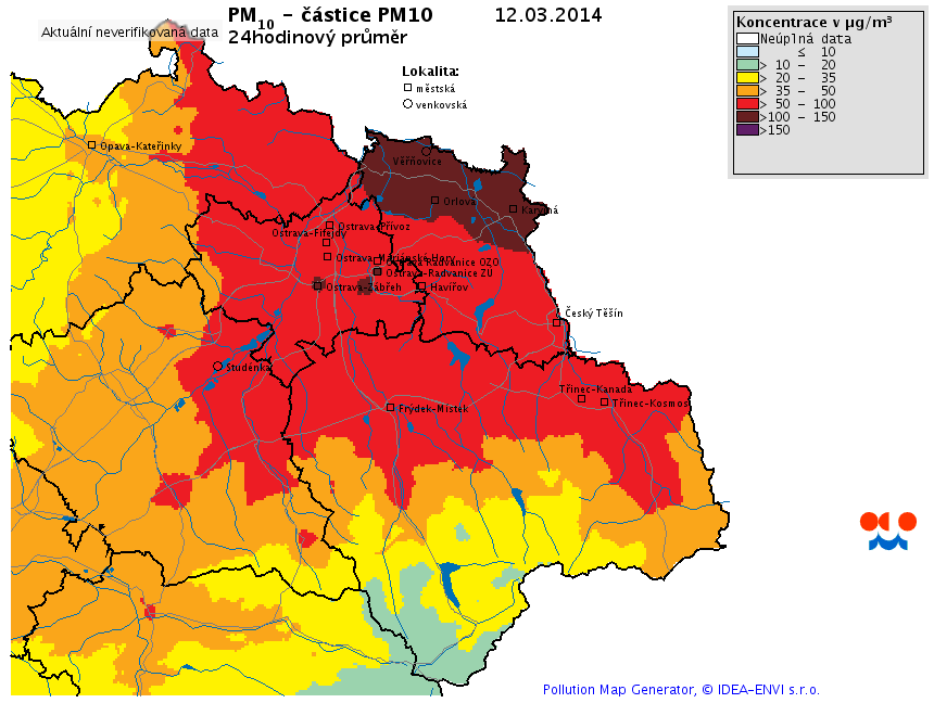 Obr. 3: Mapa znečištění ovzduší, PM10, ČMHÚ, 12. 03.