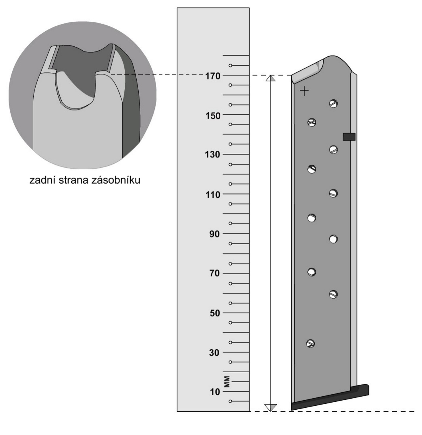 PŘÍLOHA E1: Postup měření zásobníku Měření provedeme tak, že zásobník postavíme kolmo na pevnou podložku, k zadní straně zásobníku přiložíme měřidlo, kterým změříme výšku od podložky k zadní