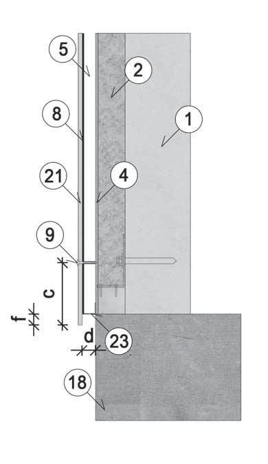 14 Montáž na dřevěný rošt pomocí vrutů Vertikální řez kotevním prvkem 2 Izolace 4 Větrová zábrana 8 EPDM podkladní páska 90 mm 9 Kotevní vrut Ø 4,5 36 mm c Vzdálenost vrutu od kraje desky min.