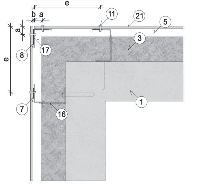 19 Montáž na hliníkový rošt pomocí nýtů Horizontální řez vnějším rohem 7 EPDM podkladní páska 30 mm 8 EPDM podkladní páska 90 mm 11 Nýt Ø 4.