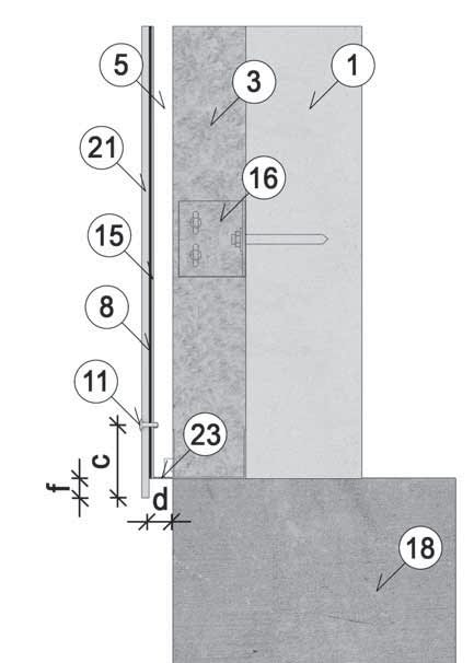 21 Montáž na hliníkový rošt pomocí nýtů Vertikální řez v oblasti soklu 8 EPDM podkladní páska 11 Nýt Ø 4.