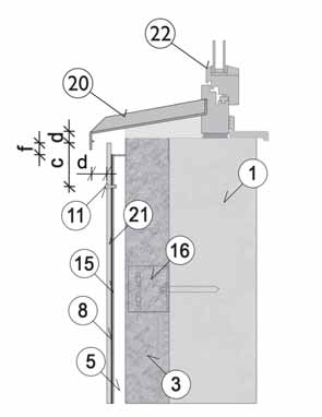 22 Montáž na hliníkový rošt pomocí nýtů Vertikální řez parapetem okna 8 EPDM podkladní páska 90 mm 11 Nýt Ø 4.