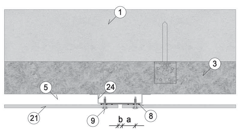 24 Montáž na ocelový rošt pomocí šroubů, nýtů Horizontální řez kotevním prvkem na kraji desky 8 EPDM podkladní páska 90 mm 9 Šroub Ø 4,8 29 mm 24 Ocelový podkladní