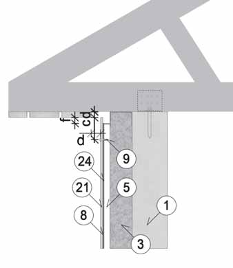 27 Montáž na ocelový rošt pomocí šroubů, nýtů Vertikální řez v oblasti soklu 8 EPDM podkladní páska 9 Šroub Ø 4,8 29 mm 18 Základ 23 Mřížka proti hmyzu 24 Ocelový podkaldní rošt c Vzdálenost šroubu