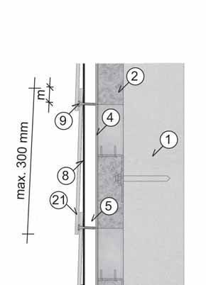 33 Loďové krytí Horizontální řez přiznaným kotevním prvkem 2 Izolace 4 Větrová zábrana 6 Svislý podkladní rošt min. 40 x 125 mm 8 EPDM podkladní páska 90 mm 9 Vrut Ø 4,9 60 mm a Vzd.