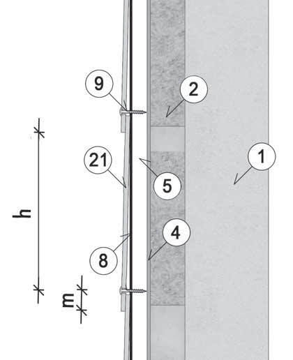 34 Loďové krytí Vertikální řez přiznaným spojem 2 Izolace 4 Větrová zábrana 8 EPDM podkladní páska 9 Vrut Ø 4,8 x 38 mm m Vzdálenost vrutu od kraje desky min.