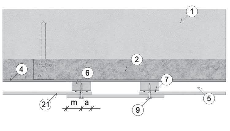 35 Kladení 1 na 2 Horizontální řez kotevním prvkem 2 Izolace 4 Větrová zábrana 6 Svislý podkladní rošt min. 40 x 62 mm 7 EPDM podkladní páska 30 mm 9 Vrut Ø 4,8 60 mm a Vzd. vrutu od kraje desky min.