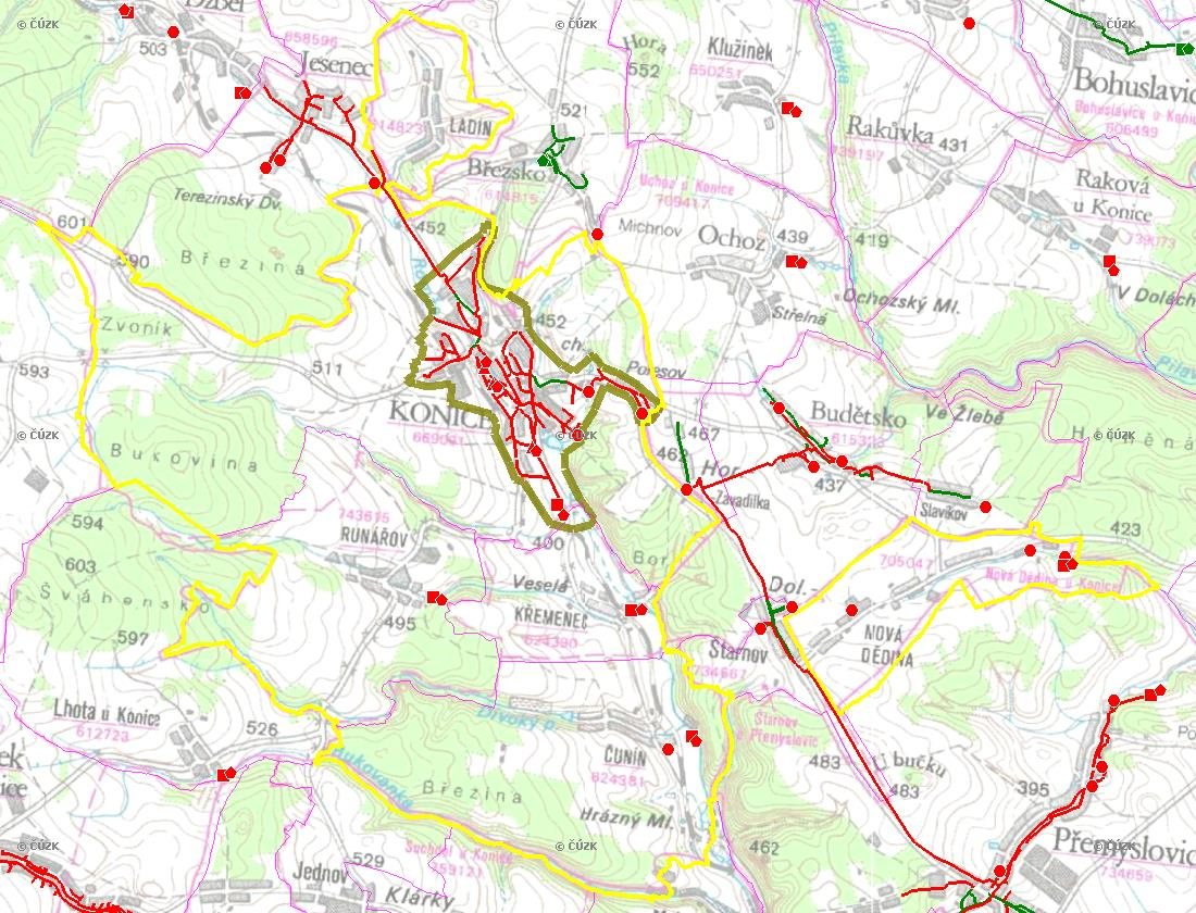 E. KANALIZACE A ČOV Mapa E1: Kanalizace - rozvody v obci Trasování sítí, lokalizace ČOV, čerpací stanice (ČS), výústě Obec: Legenda: Kanalizace: Ochranné pásmo: Vyústění: do 2015 po 2015 I IA IB II