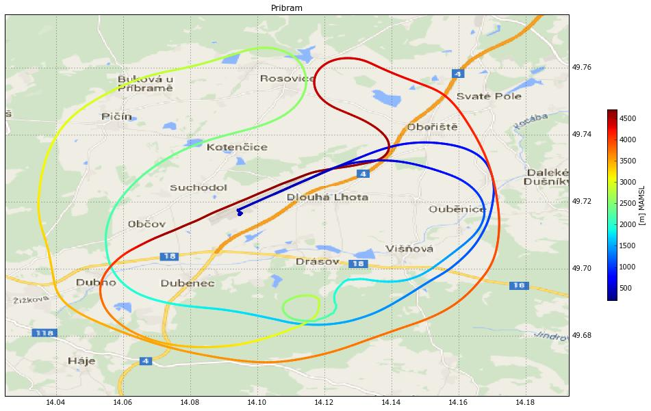 Mapa GPS souřadnic prvního letu. 4 Shrnutí Našim experimentem jsme ověřili, že dávkový příkon s rostoucí nadmořskou výškou nejprve klesá (v okolí letiště Příbram cca. do výšky 9 m n.m.), což je způsobené poklesem intenzity terestriálního záření ze Země, a dále s výškou roste (od výšky cca.