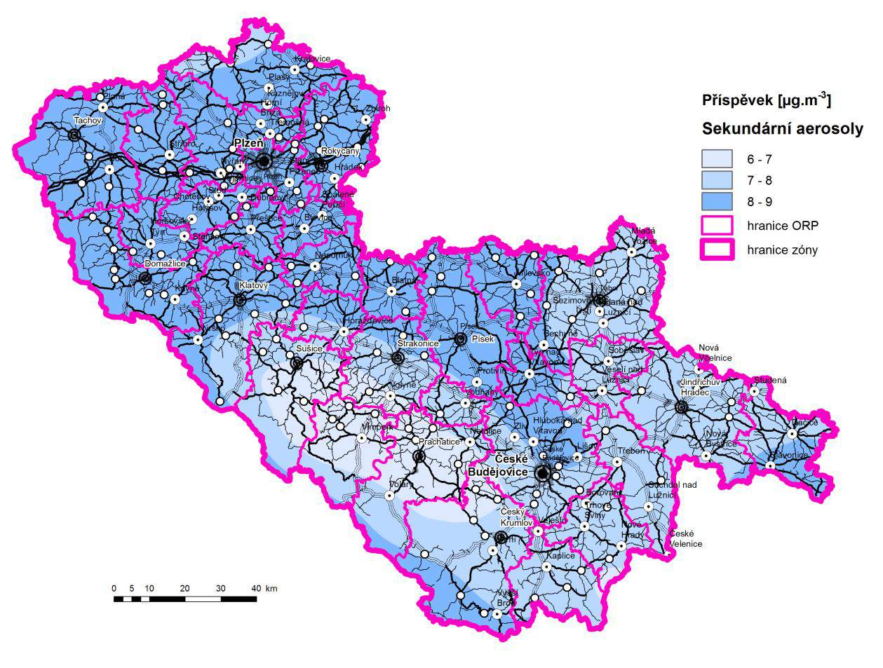 Obrázek 38: Příspěvek skupiny sekundárních aerosolů k průměrné roční koncentraci PM 10, stav roku 2011, zóna CZ03 Jihozápad C.5.