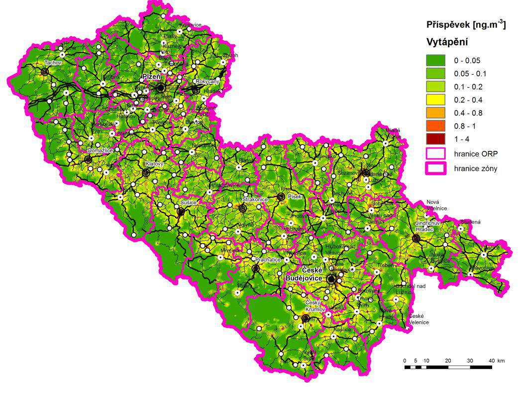 Obrázek 39: Příspěvek skupiny Vytápění domácností (Vytápění) k průměrné roční koncentraci