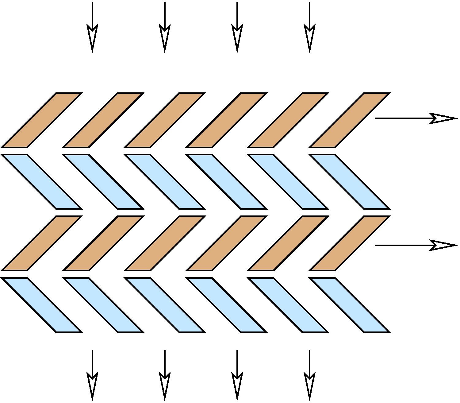 KAPITOLA 3. VAKUOVÉ VÝVĚVY Obrázek 3.13: Turbomolekulární vývěva - detail lopatek: rotor - hnědá barva a stator - modrá barva.