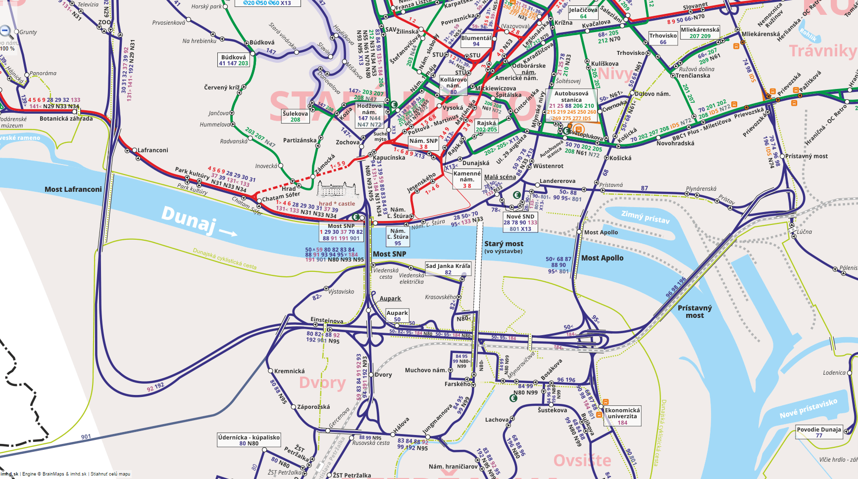 Mapa MHD v Bratislave a možného napojenia