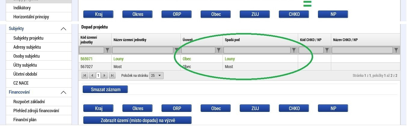 Umístění Na této záložce vyplňte Místo realizace a Dopad projektu, přičemž obě hodnoty musí shodné. Přes tlačítko Obec vstupte do číselníku.