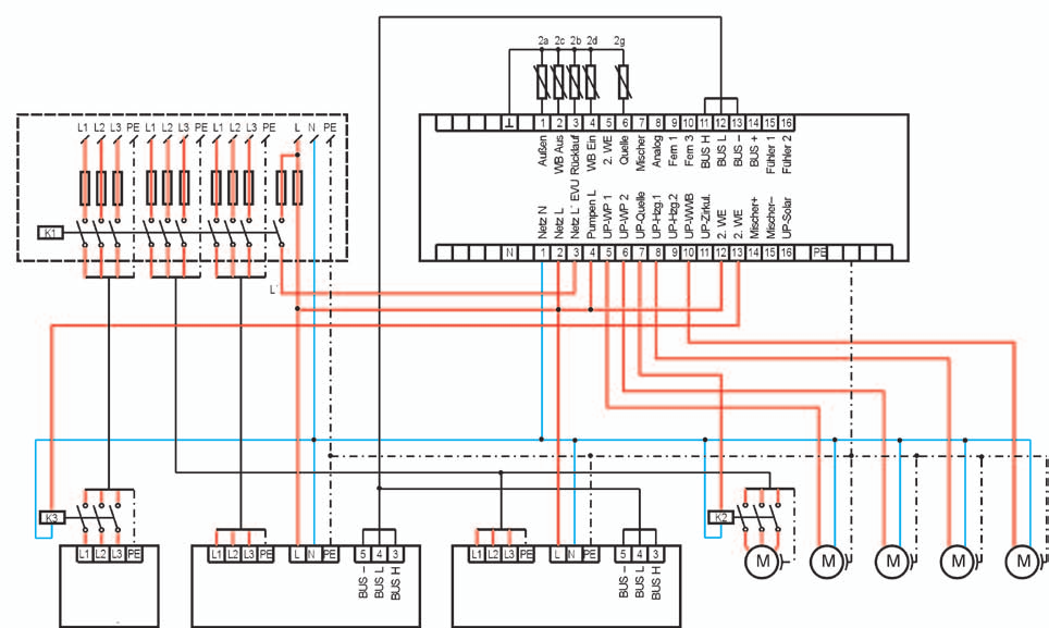 WPF.. SET s akumulačním zásobníkem SBP... a přípravou teplé vody Hydraulické zapojení vytápění TUV SBB... SBP... zdroj energie studená voda Elektrické zapojení elektrorozvaděč stykač HDO sběrnice j-y (St)2x2x0,8 venkovní výstup vratná TUV 2.