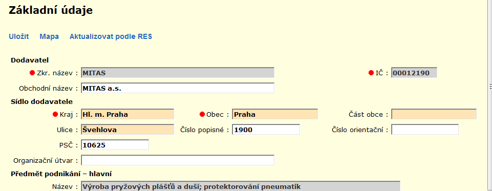 4. ZÁKLADNÍ PRAVIDLA PRÁCE V APLIKACI 4.1 Položky Červená tečka U názvu položky znamená, že vyplnění položky je povinné, tj. bez vyplnění této položky nelze záznam uložit. Na obrázku jsou např.