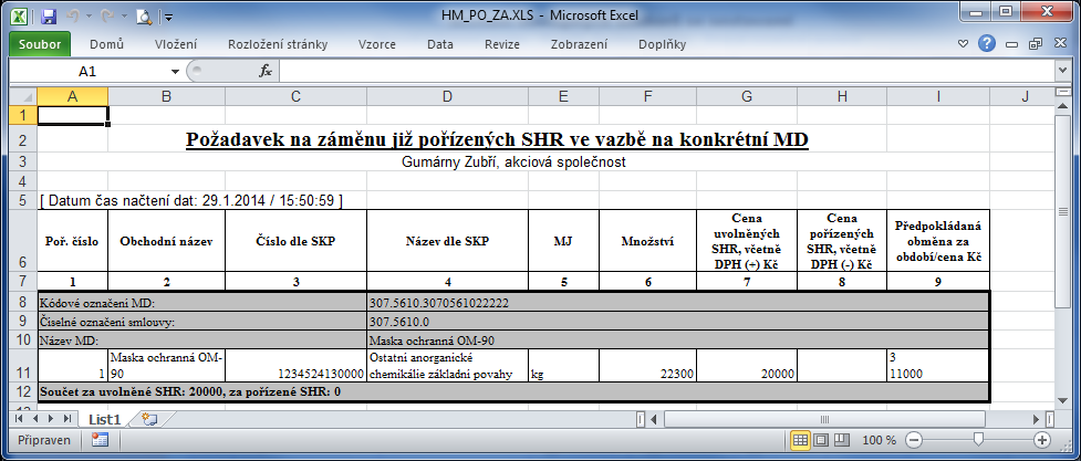 Požadavek na pořízení SHR ve vazbě na konkrétní MD Sestava obsahuje základní údaje o požadavcích přihlášeného dodavatele na pořízení SHR ke konkrétní MD.