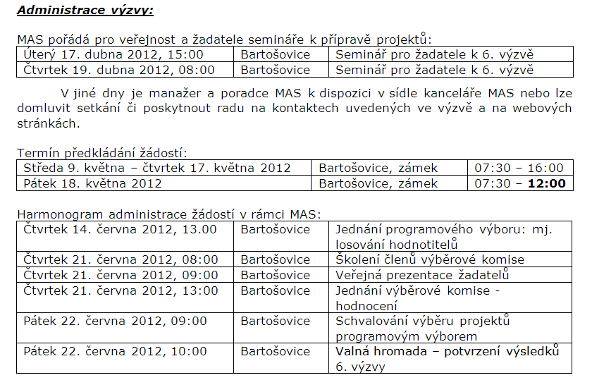 6. výzva RP 16. olo PRV Časový plán: Aloace pro MAS Vyčíslení dotace LEADER Celem pro MAS 2012 - Zálad - Bonus za počet obyvatel Opatření IV.1.1. Místní ační supina Opatření IV.1.2. Realizace místní rozvojové strategie 7.