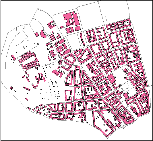 Obr. 18: Ukázka (výřez z mapy) srovnání obrysů budov původních dat 1:10000 (černě) a obrysů po generalizaci do měřítka 1:50000 (červeně). Oblast: městská část Veveří.