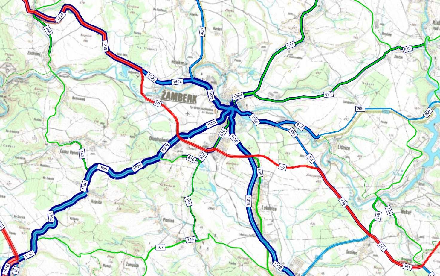 Obrázek 14 Zdroje a cíle cest v Žamberku intenzity všech vozidel 2010 Obrázek 15 Zdroje a cíle cest v