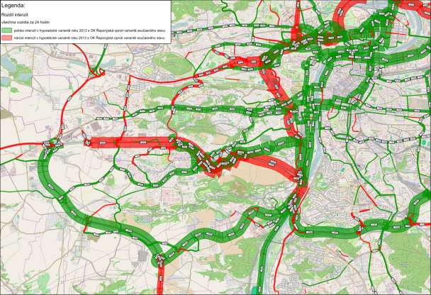 Porovnání variant HYPOTETICKÁ 2013 S OK / SOUČASNÝ STAV Nejvyšších poklesů intenzit dopravy je ve variantě OK (oproti současné variantě) dosaženo na profilech a směrech: ulice Radlická Kutvirtova K