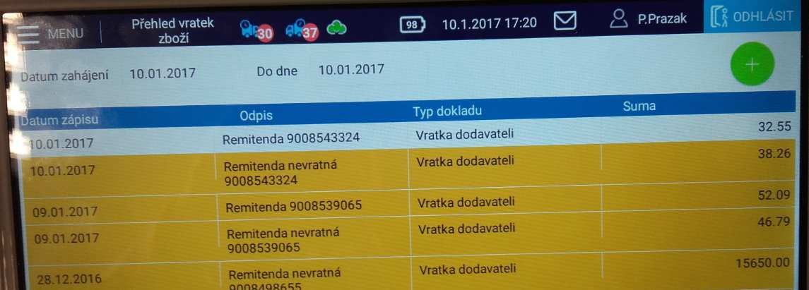 V seznamu se zobrazí zpracovaný doklad z 10.1.2017. 4. Zboží Přístup do seznamu vydání a ostatních materiálů, dále nazývaných Zboží, je pomocí dlaždice Zboží na základní obrazovce.