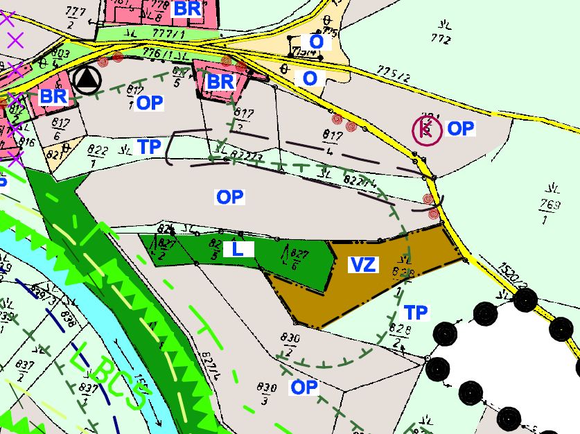 pozemky parc. č. 832 a 1569 k.ú. Smetanova Lhota (výřez koordinačního výkresu ÚP) Podle současně platného ÚP Smetanova Lhota je pozemek p.č. 832 zahrnut jako stávající plocha smíšená nezastavěného území ostatní plocha (O).