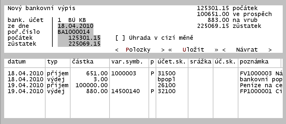 Grand 20 30 BANKOVNÍ VÝPISY Evidence je určena k zápisu bankovních výpisů, které se následně zaúčtují do deníku. 30.1 Co udělat před používáním bankovních výpisů Zadat počítadla číselných řad výpisů (menu Doklady - Číselníky - Počítadla).