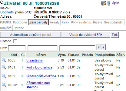 Již založené parcely pak můžete vidět jak na detailu půdního bloku (záložka Zem.