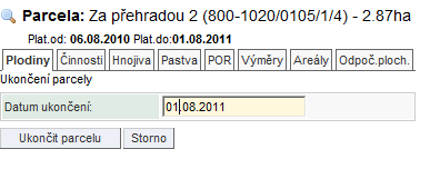 4 Pomocí tlačítka Nová plodina dosejete plodiny. Sklizeň ozimého ječmene proběhla 14. 7. 2011. Sklizeň provedete přes tlačítko Nová plodina a zadání Bez plodiny od 15. 7. 2011. 5 Jarní pšenici budete sklízet až 1.