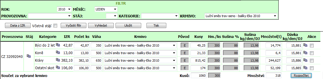 1 Zvolte měsíc + rok a stiskněte načtení dat z IZR. Kopie krmiva pro další kategorie. 4 Uložíte. Klikem zde přidáte novou kategorii zvířat. 2 Pro každou kategorii vyberte příslušné krmivo s šarží.