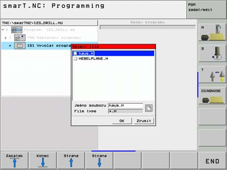 Unit 151 Vyvolán programu Pomoc této jednotky můžete ze smart.nc vyvolat libovolný program následuj c ho typu: jednotkové programy smart.nc (typ souboru.hu) programy popisného dialogu (typ souboru.