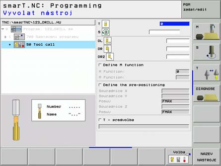Unit 50 Separátn vyvolán nástroje Pomoc této jednotky můžete definovat separátn vyvolán nástroje. Parametry v přehledovém formuláři 8 T: č slo nebo název nástroje (přep natelné softklávesou).
