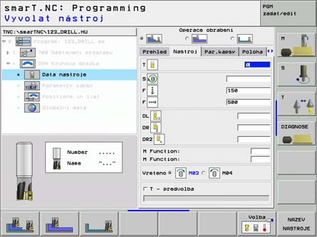 Dodatečné parametry v podrobném formuláři Tool: 8 DL: delta délky pro nástroj T. 8 DR: delta rádiusu pro nástroj T. 8 DR2: delta rádiusu 2 (rohový rádius) pro nástroj T.