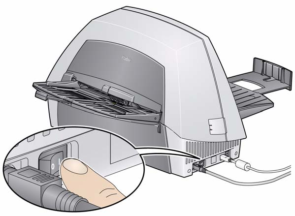 Zapnutí skeneru Přepněte tlačítko na zadní straně skeneru do polohy Zapnuto ( ). Po zapnutí začne blikat zelená kontrolka na boku skeneru a skener provede řadu automatických testů.