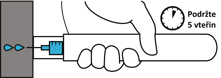 1. Odstraňte kryt jehly. 2. Umístěte a stiskněte Emerade proti vnější straně stehna. Uslyšíte cvaknutí, jakmile dojde k uvolnění dávky do svalu. 3. Po dobu 5 vteřin držte pero ve stehně.