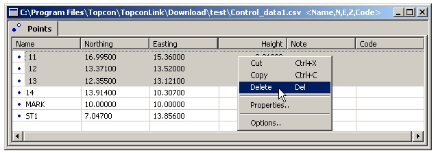 Kliknutí pravým tlačítkem kdekoliv v ploše zobrazených dat otevře následující vysunovací menu: Pokud zvolíte položku Delete, můžete ze souboru vymazat veškeré vybrané body (v našem příkladu se jedná