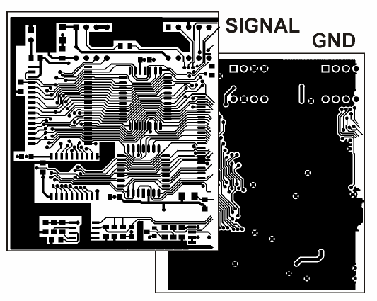 dvoustranné desky tak, aby pokud možno z jedné strany byla rozlitá měděná plocha GND a aby cesty signálových spojů byly navrženy s maximální pečlivostí v souladu s pravidly pro EMC.