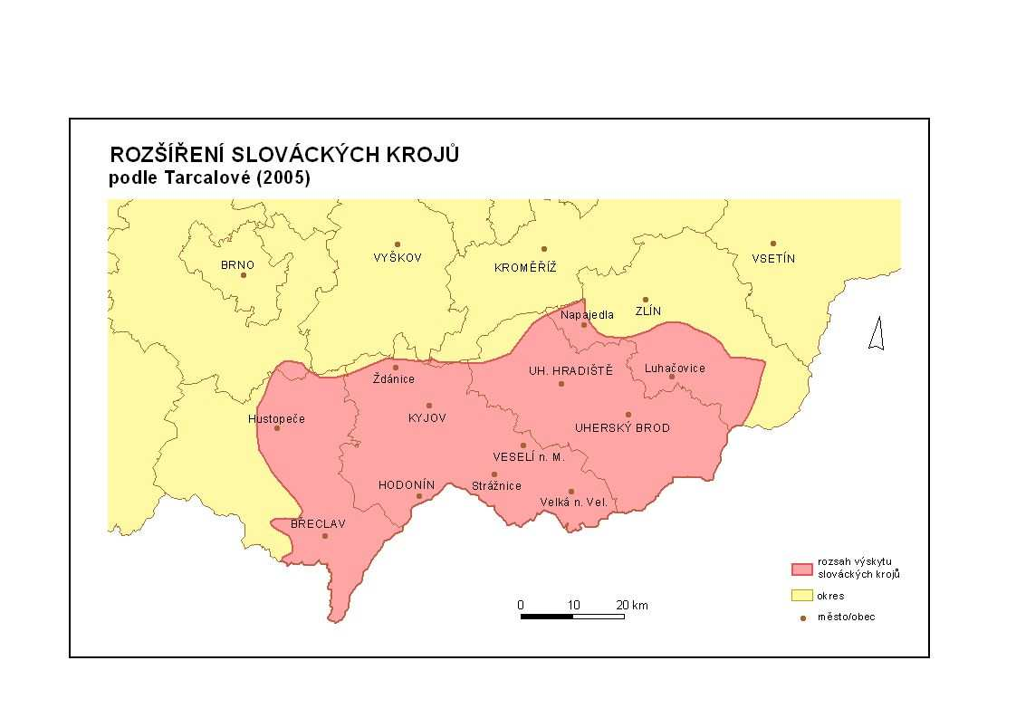 Obr. 5: Rozšíření slováckých krojů podle Tarcalové (2005) Obr.