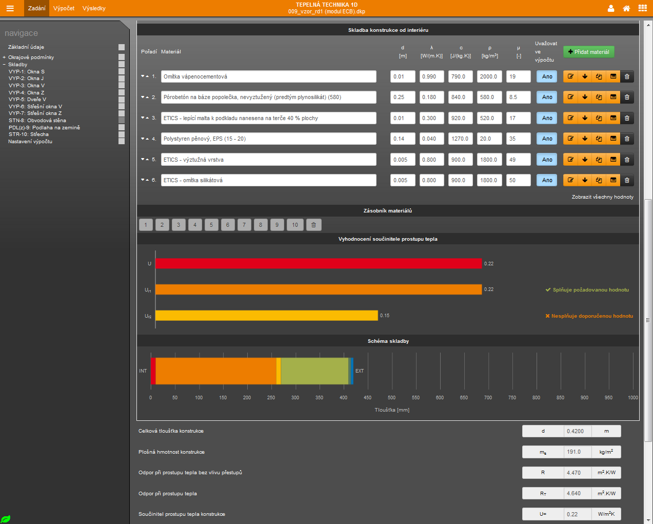 Provázanost výpočtových programů Zadáme konkrétní skladbu stěny v programu TEPELNÁ TECHNIKA