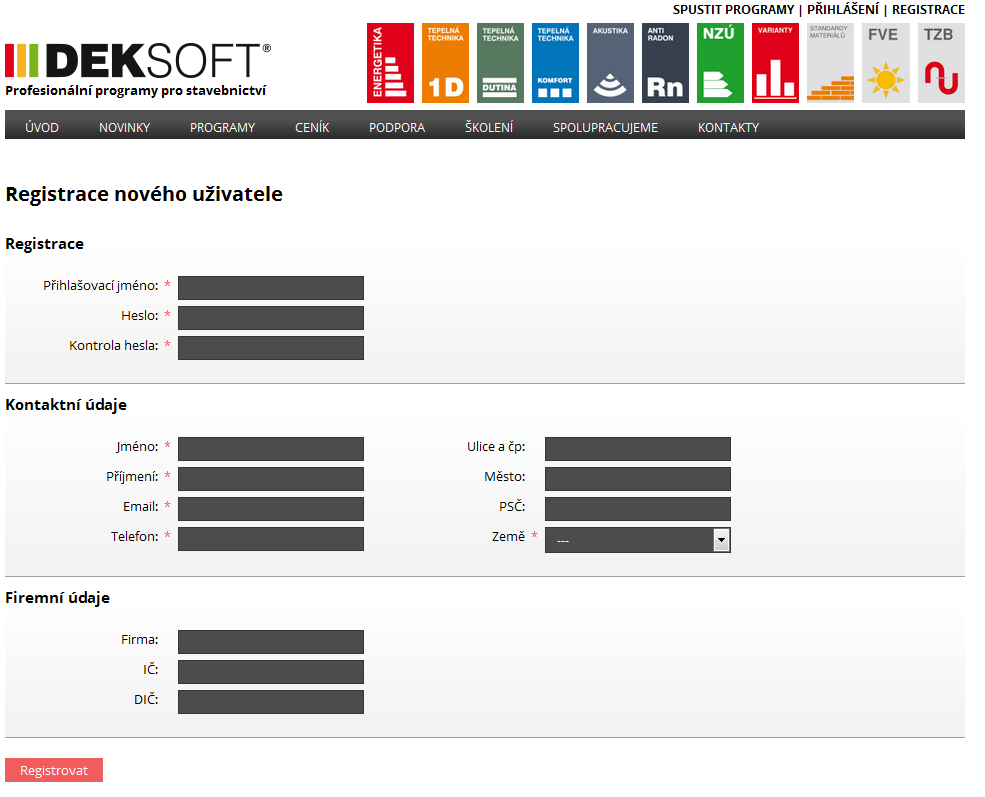Registrace Pro používání DEKSOFT je nutné založit uživatelský účet.