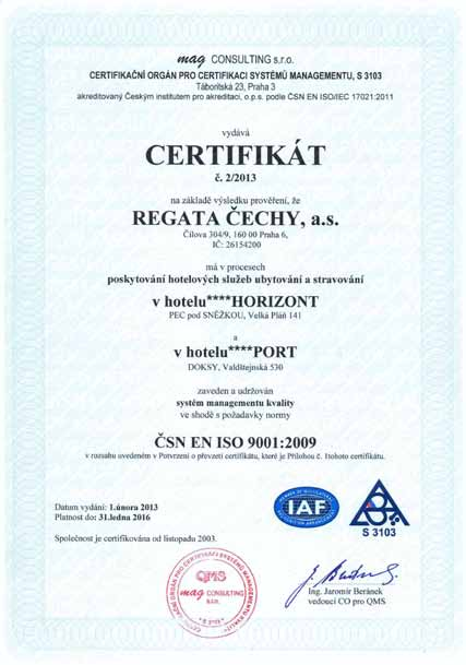 Certifikát systému managementu jakosti Společnost Regata Čechy, a.s. získala v roce 2003 certifikát systému managementu jakosti dle ČSN EN ISO 9001:2001 s platností do 31. 12. 2006.