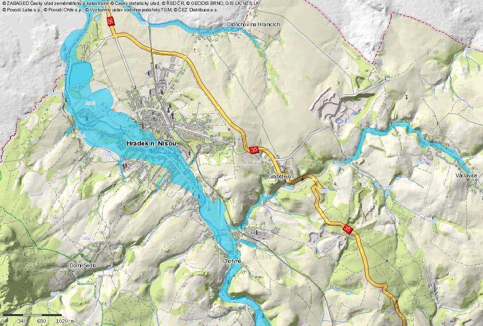 Vodohospodářská mapa s rozlivem