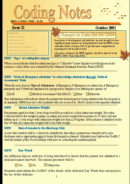 Coding Notes Bulletin oddělení HIPE A NPRS