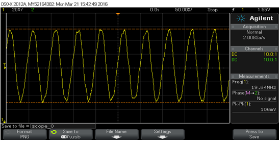 A [dbm] výstupní kmitočet oscilátoru je 19,65 MHz místo požadovaných 19,3 MHz. Tento problém jsem pro ověření funkčnosti přijímače vykompenzoval příjmem signálu na kmitočtu 30,35 MHz.