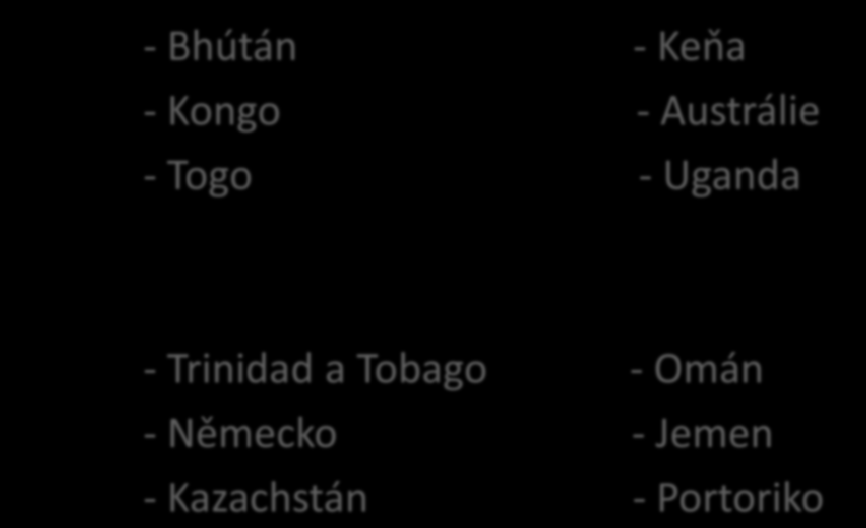 - Bhútán - Keňa - Kongo - Austrálie - Togo - Uganda -