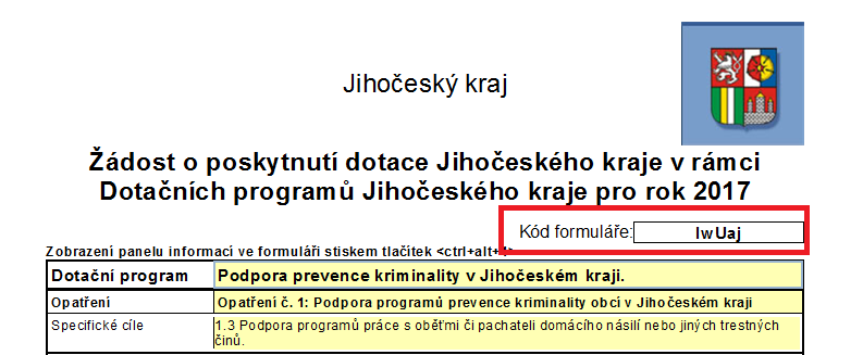 Formulář je opatřen kontrolním součtem (kódem formuláře), který musí být shodný jak na odeslané elektronické žádosti, tak na vytištěném formuláři žádosti (na všech stránkách v zápatí).