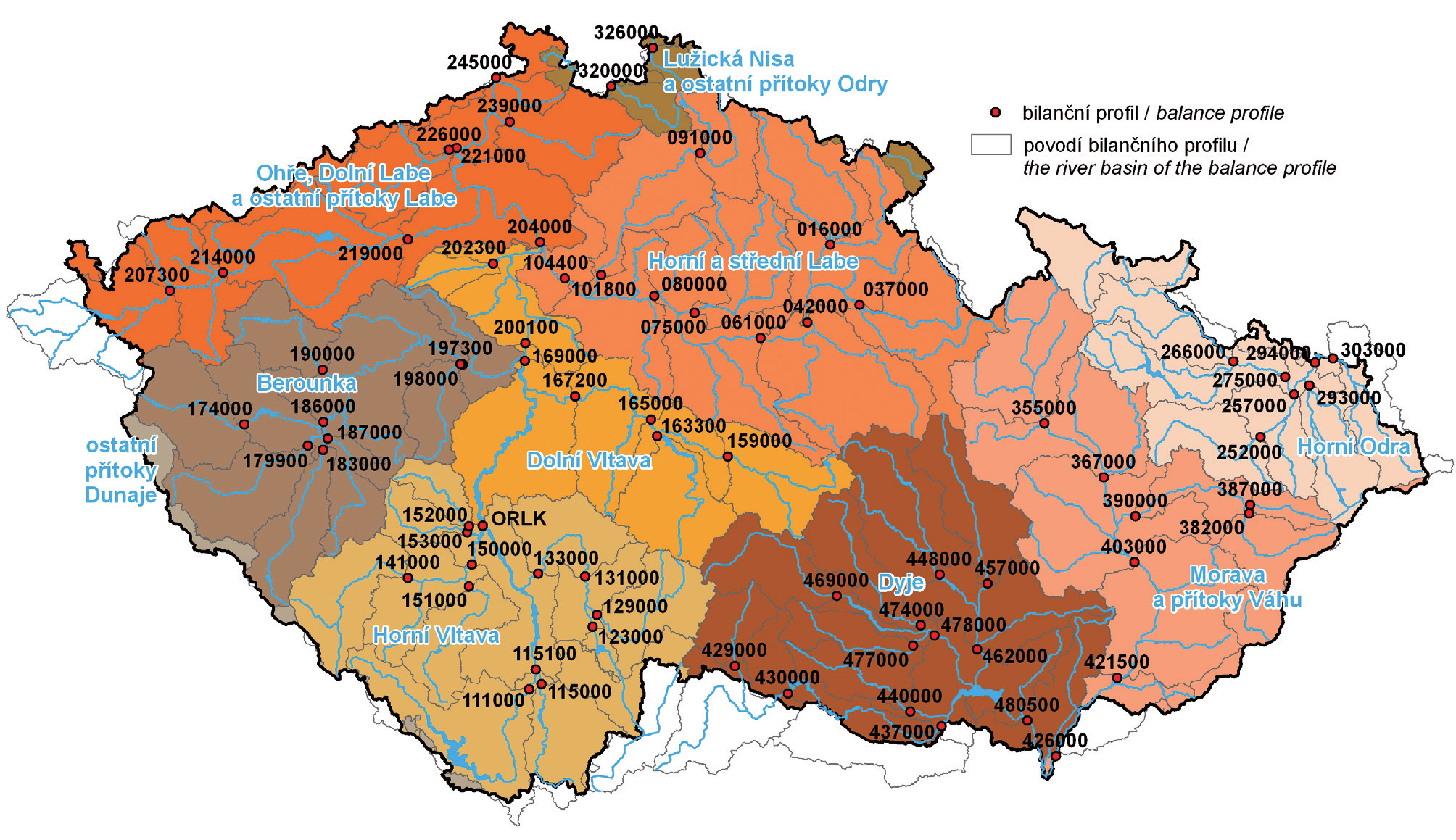 HYDROLOGICKÁ ROČENKA ČESKÉ REPUBLIKY 214 Mapa II.1 Rozdělení České republiky do dílčích povodí dle vodního zákona. Map II.1 River basin districts in the Czech Republic according to the Water Act.